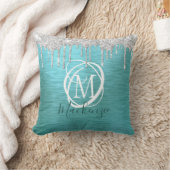 ティール(緑がかった色)モダン金属銀グリッタードリップモノグラム クッション (ブランケット)