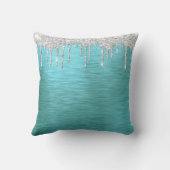 ティール(緑がかった色)モダン金属銀グリッタードリップモノグラム クッション (裏面)