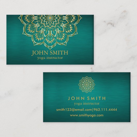ティール（緑がかった色）モダン&金ゴールドマンダラヨガインストラクター 名刺 (正面/裏面)