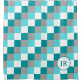 ティール(緑がかった色)モノグラムのとアクアのイニシャルのチェック シャワーカーテン (正面)