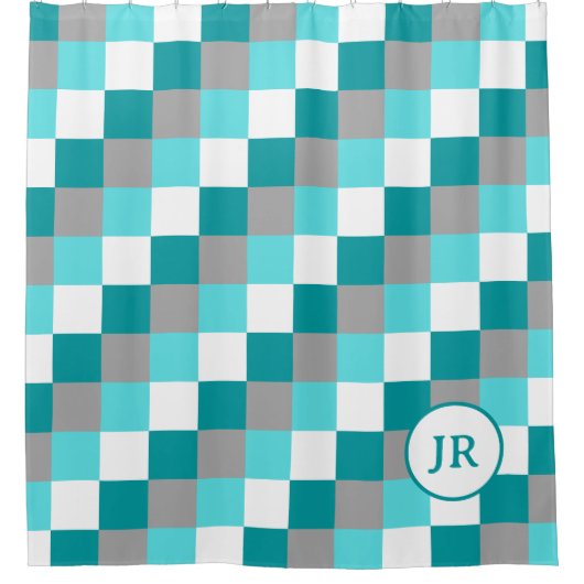 ティール（緑がかった色）モノグラムのとアクアのイニシャルのチェック シャワーカーテン (正面)