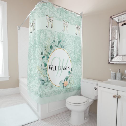ティール（緑がかった色）モノグラムのバスルーム用シャワーカーテン シャワーカーテン (インサイチュ)