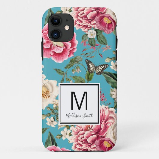 ティール（緑がかった色）モノグラムのブルーの花柄 Case-Mate iPhoneケース (裏面)