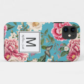 ティール（緑がかった色）モノグラムのブルーの花柄 Case-Mate iPhoneケース (裏面(横))