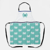 ティール（緑がかった色）モノグラムのホワイトネイビーブルーカニ航海の エプロン (正面)