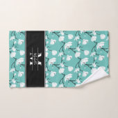 ティール(緑がかった色)モノグラムの白黒マグノリア花 バスタオルセット (ハンドタオル)