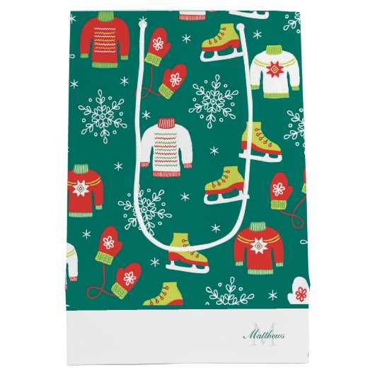 ティール（緑がかった色）モノグラムスノーフレークスパターンファミリークリスマス ミディアムペーパーバッグ (裏面)