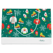 ティール（緑がかった色）モノグラムスノーフレークスパターンファミリークリスマス ラージペーパーバッグ (正面)