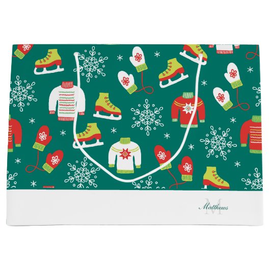 ティール（緑がかった色）モノグラムスノーフレークスパターンファミリークリスマス ラージペーパーバッグ (正面)