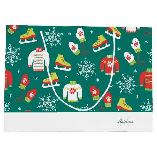 ティール（緑がかった色）モノグラムスノーフレークスパターンファミリークリスマス ラージペーパーバッグ (裏面)