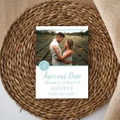 ティール(緑がかった色)モノグラム写真保存日付 案内状