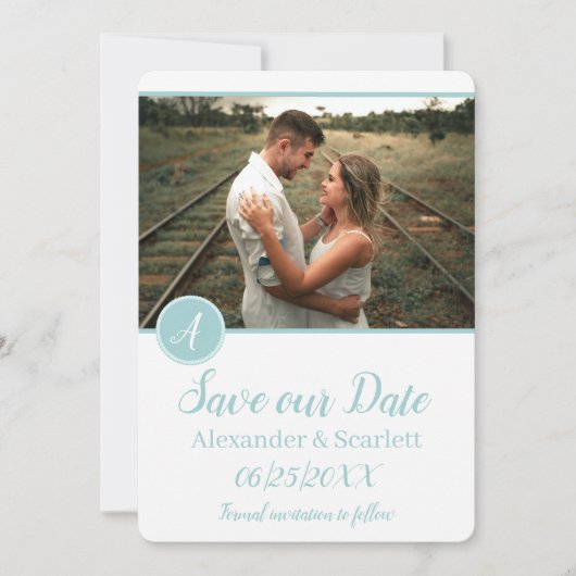 ティール(緑がかった色)モノグラム写真保存日付 案内状 (正面)