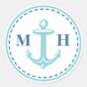 ティール（緑がかった色）モノグラム航海のテーマ封筒用シール ラウンドシール (正面)