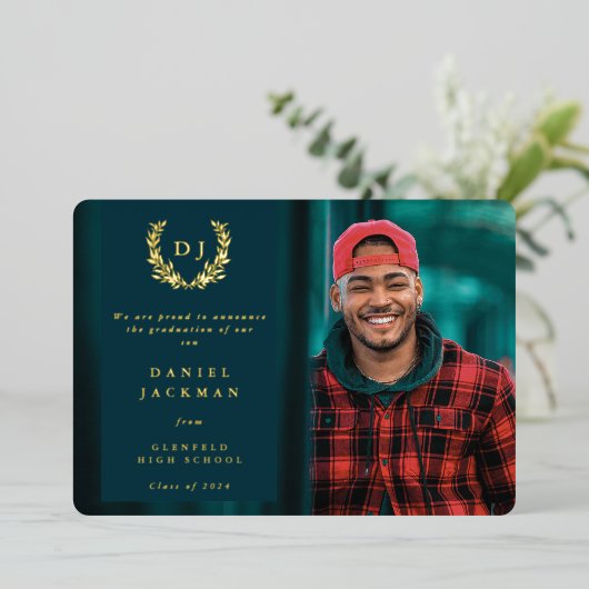 ティール(緑がかった色)モノグラム+ローレル卒業発表 箔招待状 (立ち正面)