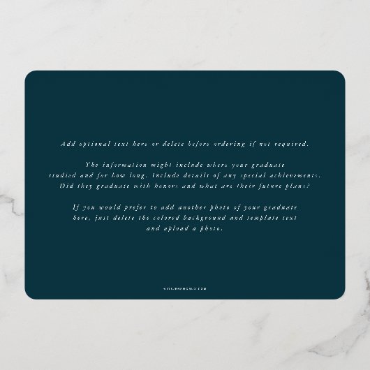 ティール(緑がかった色)モノグラム+ローレル卒業発表 箔招待状 (裏面)