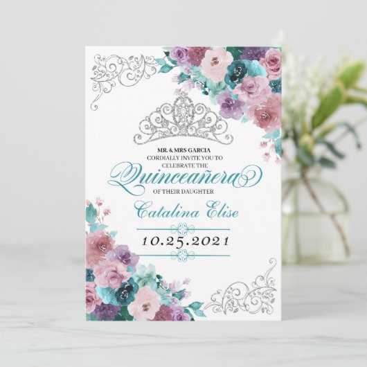 ティール（緑がかった色）&モーヴサンセットティアラキンセアニェラ 招待状 (スタンド正面)