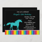 ティール(緑がかった色)ユニコーンアンドレインボーガールズ誕生日招待状 招待状 (正面/裏面)