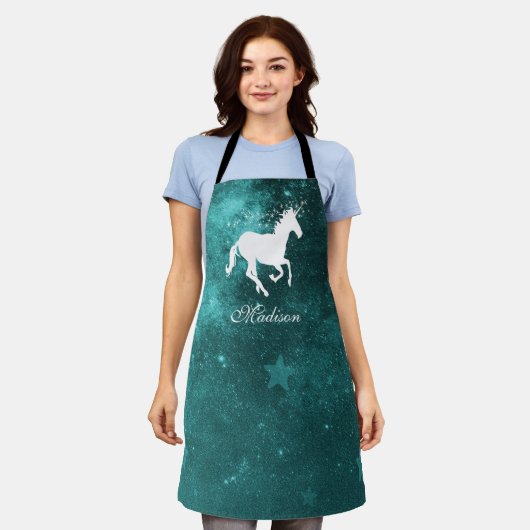 ティール(緑がかった色)ユニコーンパーソナライズされたエプロン エプロン (着用した状態)
