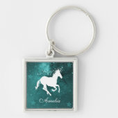 ティール（緑がかった色）ユニコーンパーソナライズされたキーチェーン キーホルダー (正面)