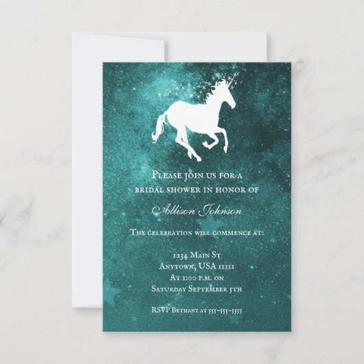 ティール(緑がかった色)ユニコーンブライダルシャワー招待状 招待状 (正面)