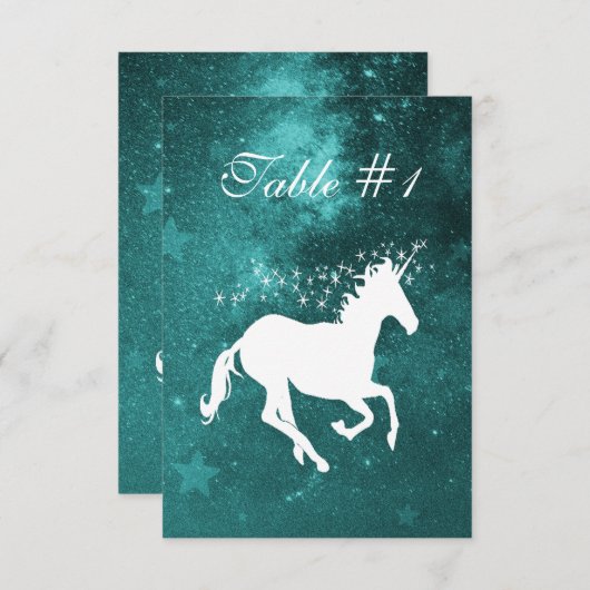 ティール(緑がかった色)ユニコーン結婚式レセプションテーブルカード 招待状 (正面/裏面)
