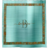 ティール(緑がかった色)ユニークモノグラ縁どム付きラブカスタムル シャワーカーテン (正面)