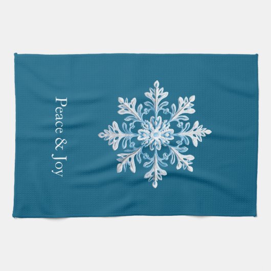 ティール(緑がかった色)ライトブルーホワイトスノーフレーククリスマス キッチンタオル (横)