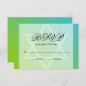 ティール（緑がかった色）ライムグリーンスターオブデイヴィッドバルミツワーRSVP 出欠カード (正面/裏面)