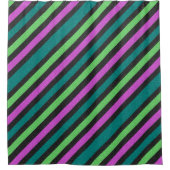ティール(緑がかった色)、ライムグリーン、ホットピンクグリッターサイストライプのラー シャワーカーテン (正面)