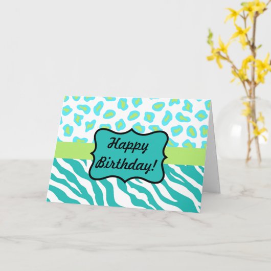 ティール(緑がかった色),ライムグリーン&ホワイトゼブラ&チータカスタム カード (黄色い花)