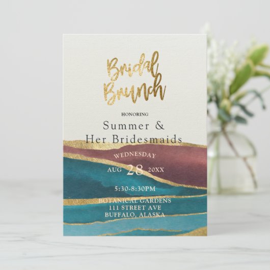 ティール(緑がかった色)ラストクリームアゲイト金ゴールドブリデスメイドランチョン 招待状 (スタンド正面)