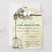 ティール（緑がかった色）ラブバードが木に座っ結婚て 招待状 (正面)