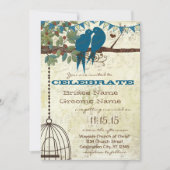 ティール(緑がかった色)ラブバードが木に座っ結婚て 招待状 (正面)