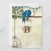 ティール(緑がかった色)ラブバードが木に座っ結婚て 招待状 (裏面)