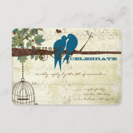 ティール（緑がかった色）ラブバードが木の結婚式に座るRSVP 出欠カード