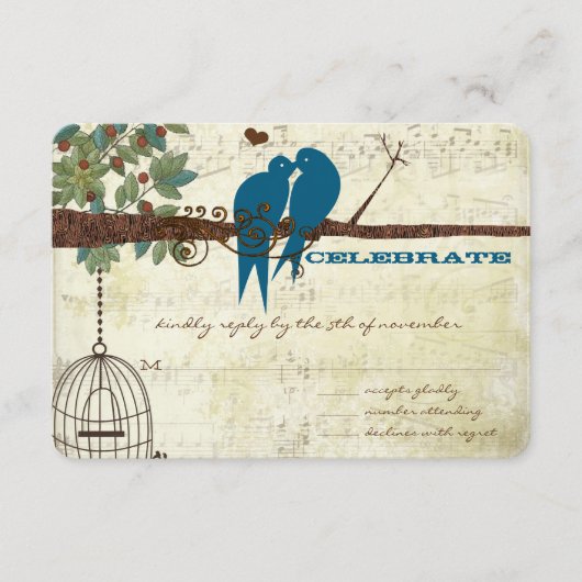 ティール（緑がかった色）ラブバードが木の結婚式に座るRSVP 出欠カード (正面)