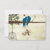 ティール（緑がかった色）ラブバードが木の結婚式に座るRSVP 出欠カード (裏面)