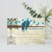 ティール（緑がかった色）ラブバードが木の結婚式に座るRSVP 出欠カード (スタンド正面)