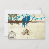 ティール（緑がかった色）ラブバードが木の結婚式に座るRSVP 出欠カード (裏面)