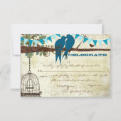 ティール（緑がかった色）ラブバードが木の結婚式に座るRSVP 招待状 (正面)
