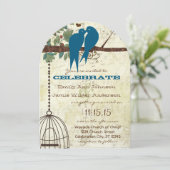 ティール(緑がかった色)ラブバードが木の結婚式に招待 招待状 (スタンド正面)