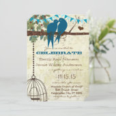 ティール(緑がかった色)ラブバードが木の結婚式に招待 招待状 (スタンド正面)