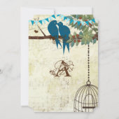 ティール(緑がかった色)ラブバードが木の結婚式に招待 招待状 (裏面)