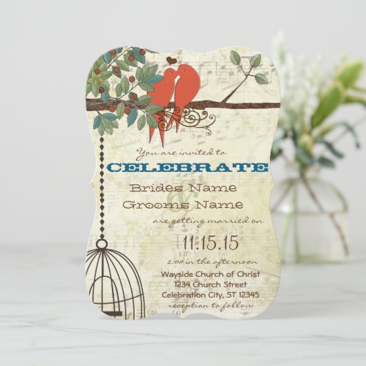 ティール（緑がかった色）ラブバードが木の結婚式に招待 招待状 (スタンド正面)