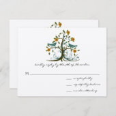 ティール(緑がかった色)ラブバードコーラルブルーミングツリーウェディングRSVP 出欠カード (正面/裏面)