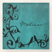 ティール（緑がかった色）ラブバードパーソナライズされたガラスコースター ガラスコースター (正面)