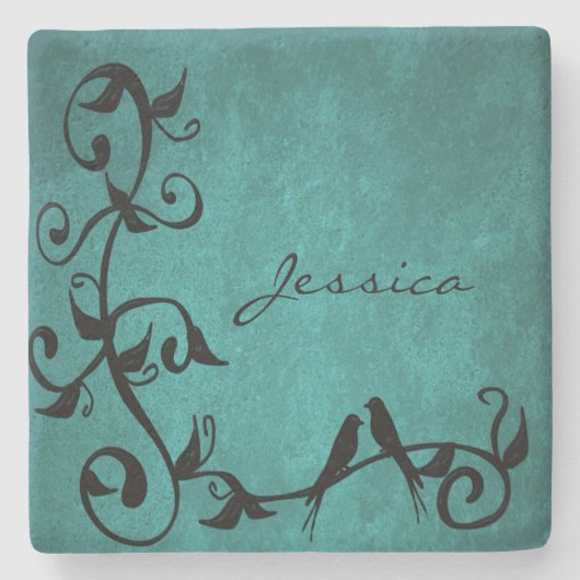 ティール(緑がかった色)ラブバードパーソナライズされたズストーンコースター ストーンコースター (正面)