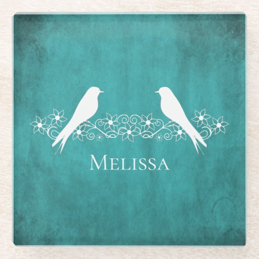 ティール(緑がかった色)ラブバードフローラつる植物ガラスコースター ガラスコースター (正面)