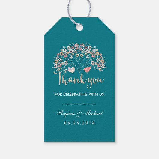 ティール（緑がかった色）ラブバードフローラスクリプトありがとうギフトラベル ギフトタグ (正面)