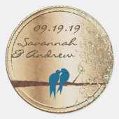 ティール（緑がかった色）ラブバード金ゴールド結婚ズシール ラウンドシール (正面)